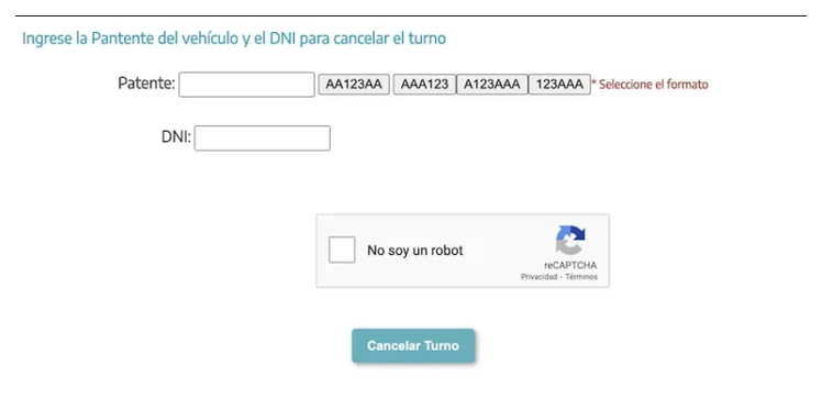 Pantalla para cancelar el turno de la VTV en Boulogne con patente y DNI